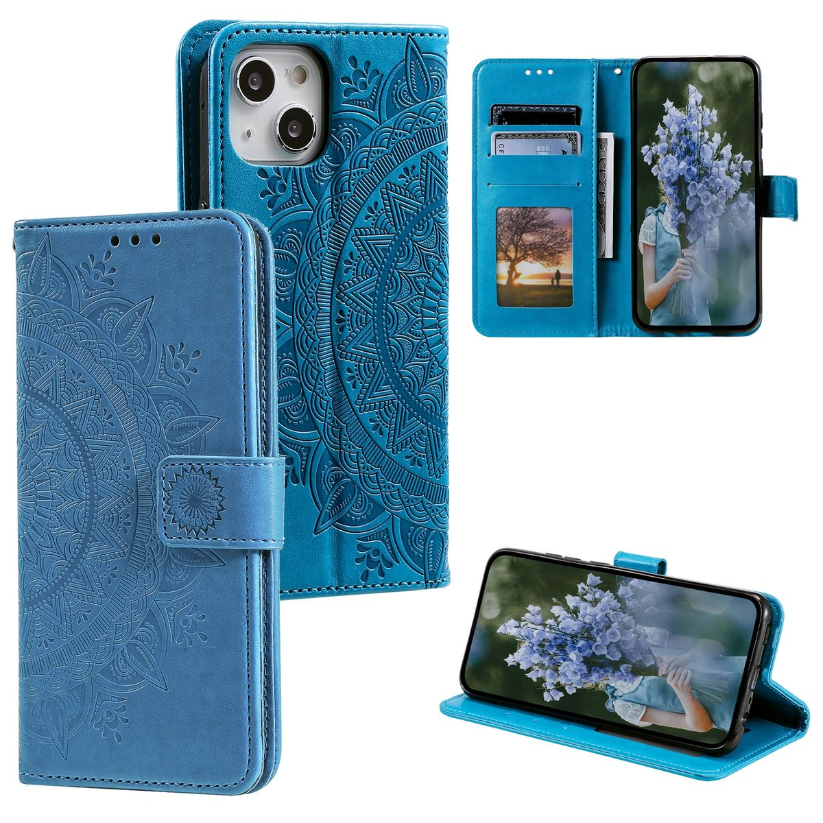 Blaue Handyhülle mit floralem Design. Das Telefon wird mit einem Blumenbild in der Hülle gezeigt. Weißer Hintergrund.