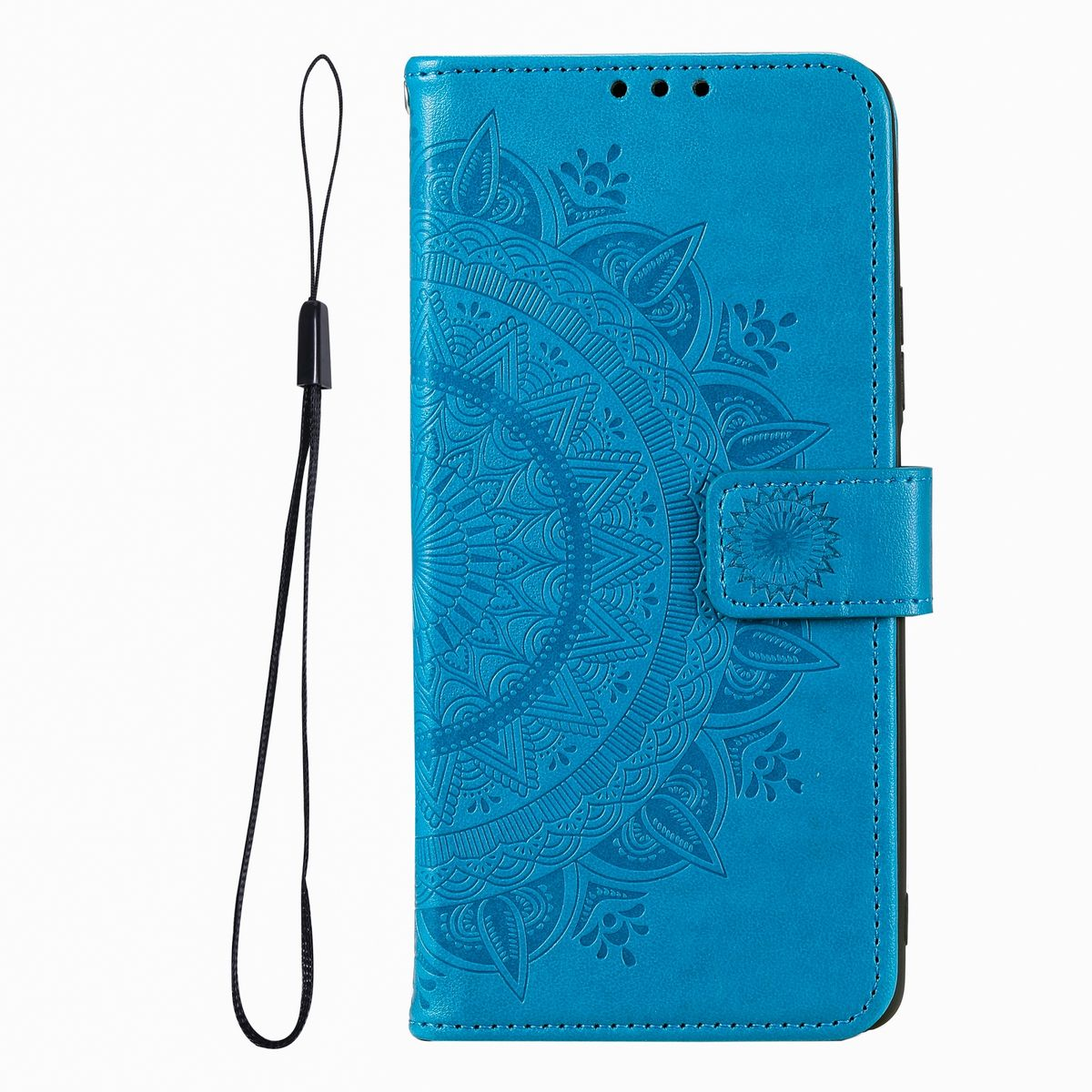 Eine blaue Handyhülle mit Mandala-Design und schwarzem Riemen auf weißem Hintergrund.