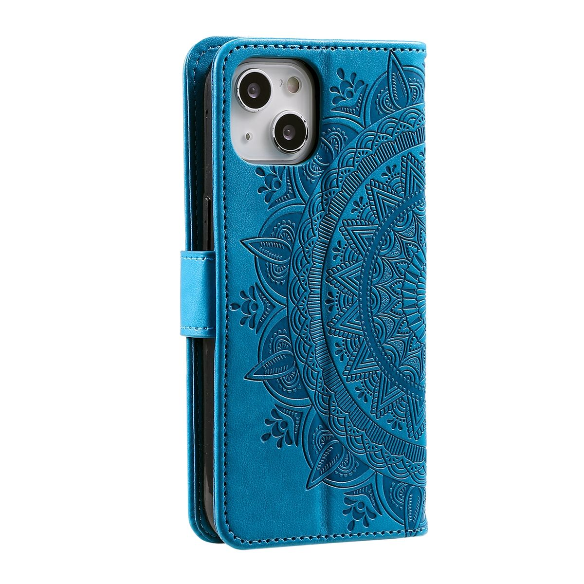 Eine blaue Handyhülle mit Mandala-Design, offen gezeigt, um das Innere zu zeigen.