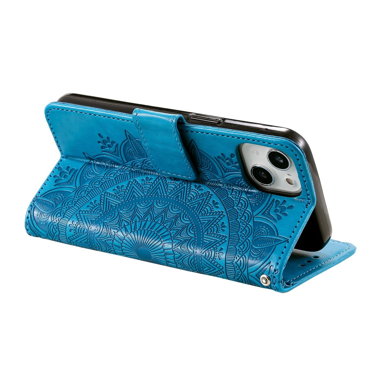Blaue Handyhülle mit Mandala-Design. Die Hülle ist offen und hält ein Telefon.