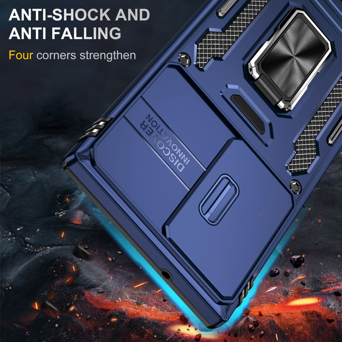 Blaue Handyhülle mit Metallringhalter. Text: Anti-Schock und Anti-Sturz. Vier Ecken verstärken.