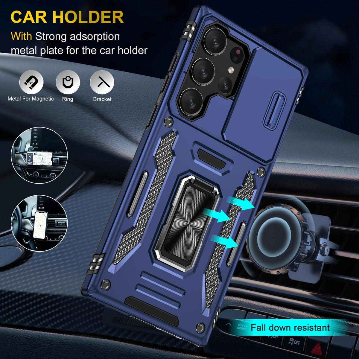 Eine blaue Handyhülle mit Autohalterung und Pfeilen.
