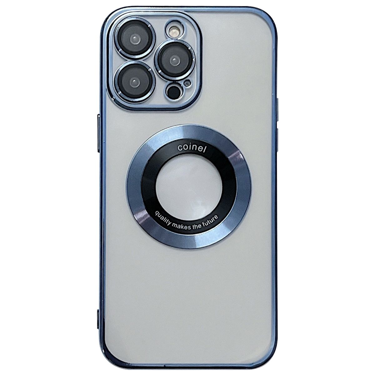 Ein Telefon mit einer hinteren Abdeckung, mit einem kreisförmigen Ring. Die Abdeckung ist hellgrau und der Ring blau.