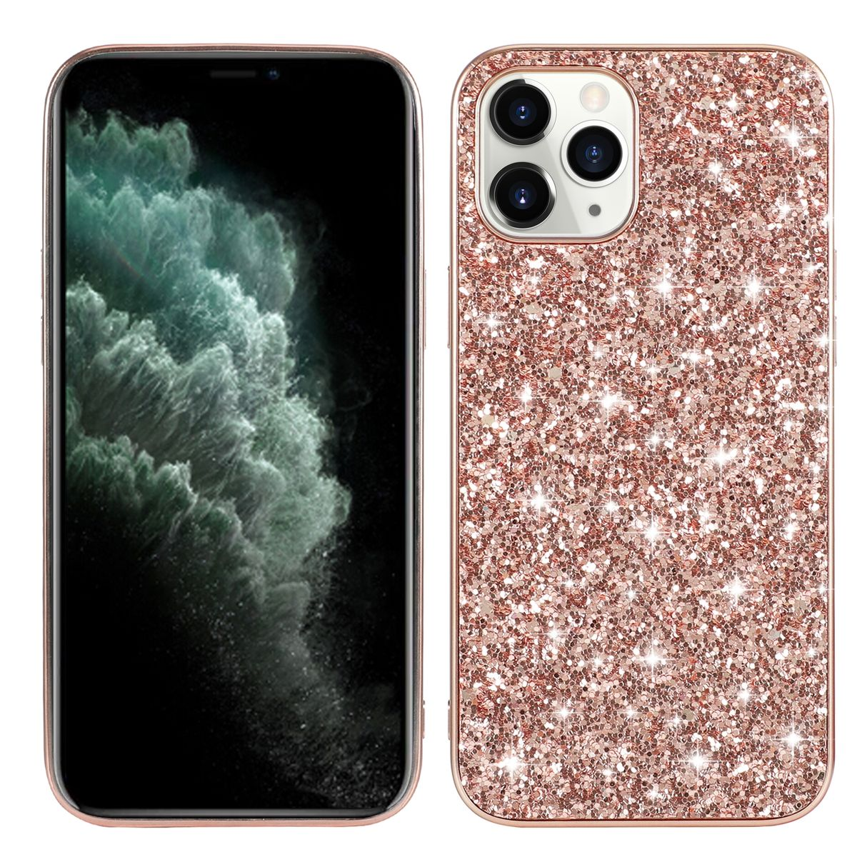 Zwei Smartphones, eines mit glitzerndem rosa Case, das andere zeigt den Bildschirm.