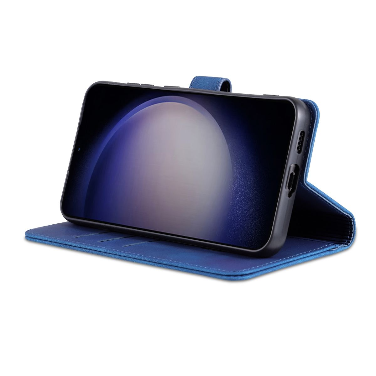 Eine blaue Handyhülle mit einem Telefon darin. Das Telefon ist schwarz und wird angezeigt.