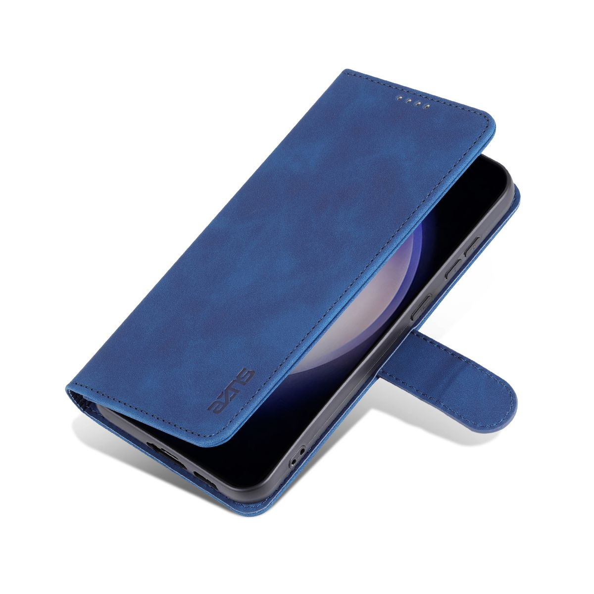 Blaue Handyhülle, geöffnet. Telefon innen, blaues lederartiges Material, Magnetverschluss.