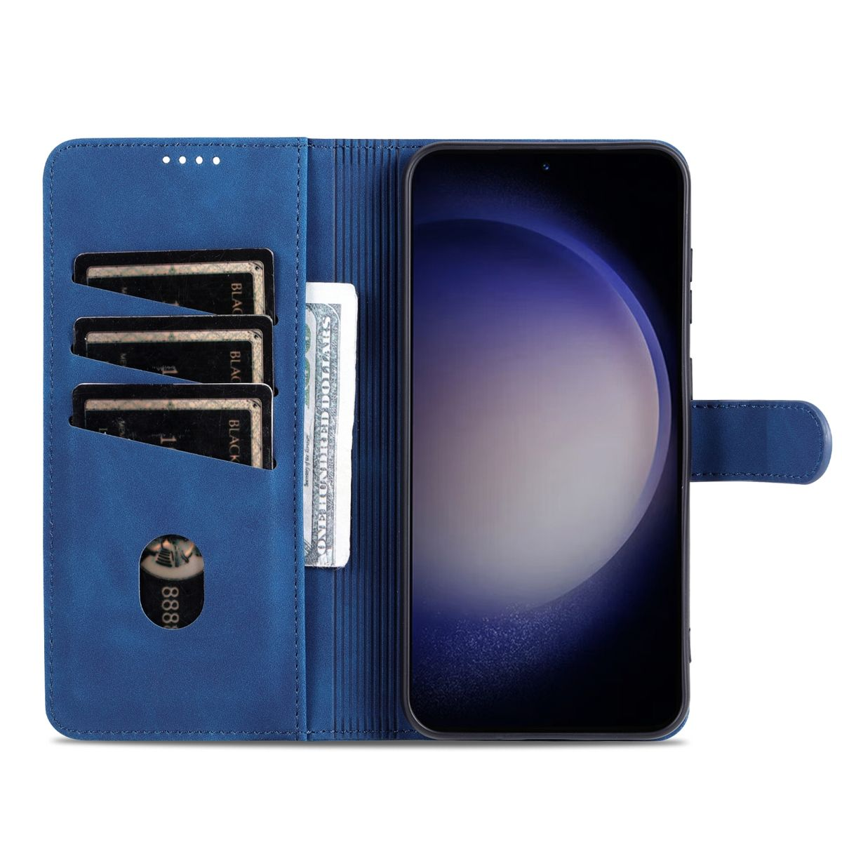 Blaue Handyhülle, offen mit Karten und Geld sichtbar. Ein Telefon ist innen. Die Hülle hat einen Magnetverschluss.
