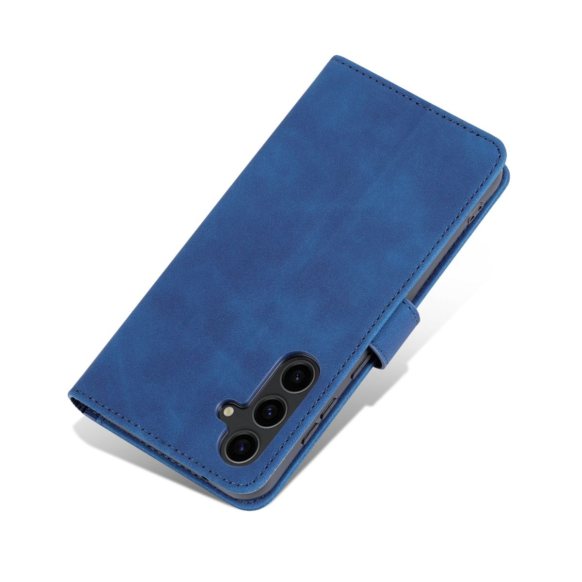 Eine blaue Handyhülle offen, die ein Telefon zeigt. Die Hülle hat ein Mandala-Design.