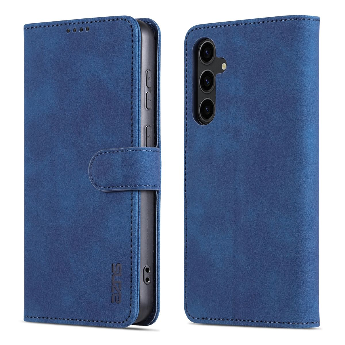 Blaue Leder-Handyhülle, geöffnet und geschlossen, mit Telefon darin. Weißer Hintergrund.