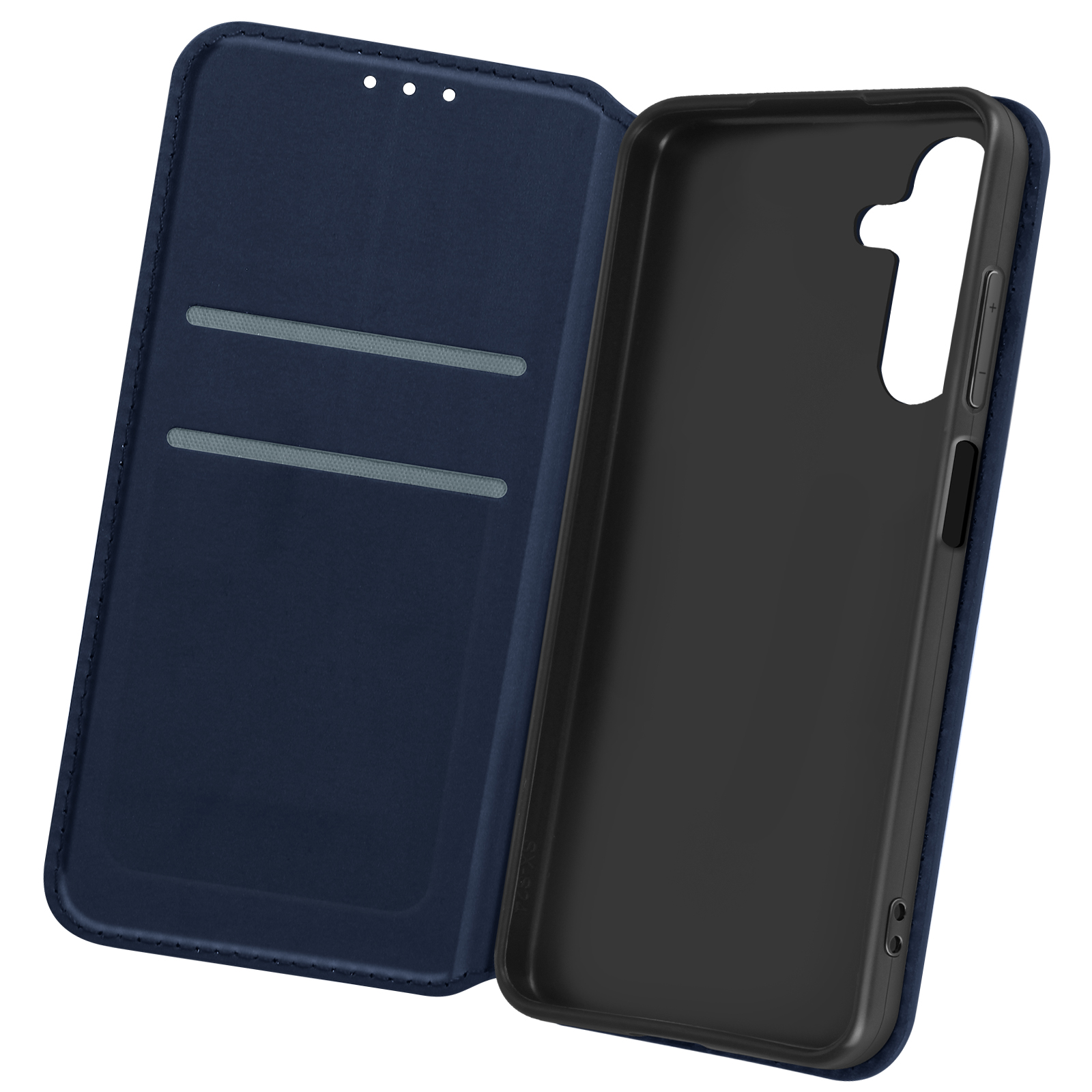 Custodia blu per telefono, aperta per rivelare l'interno e lo schermo del telefono. La custodia ha fessure per schede.