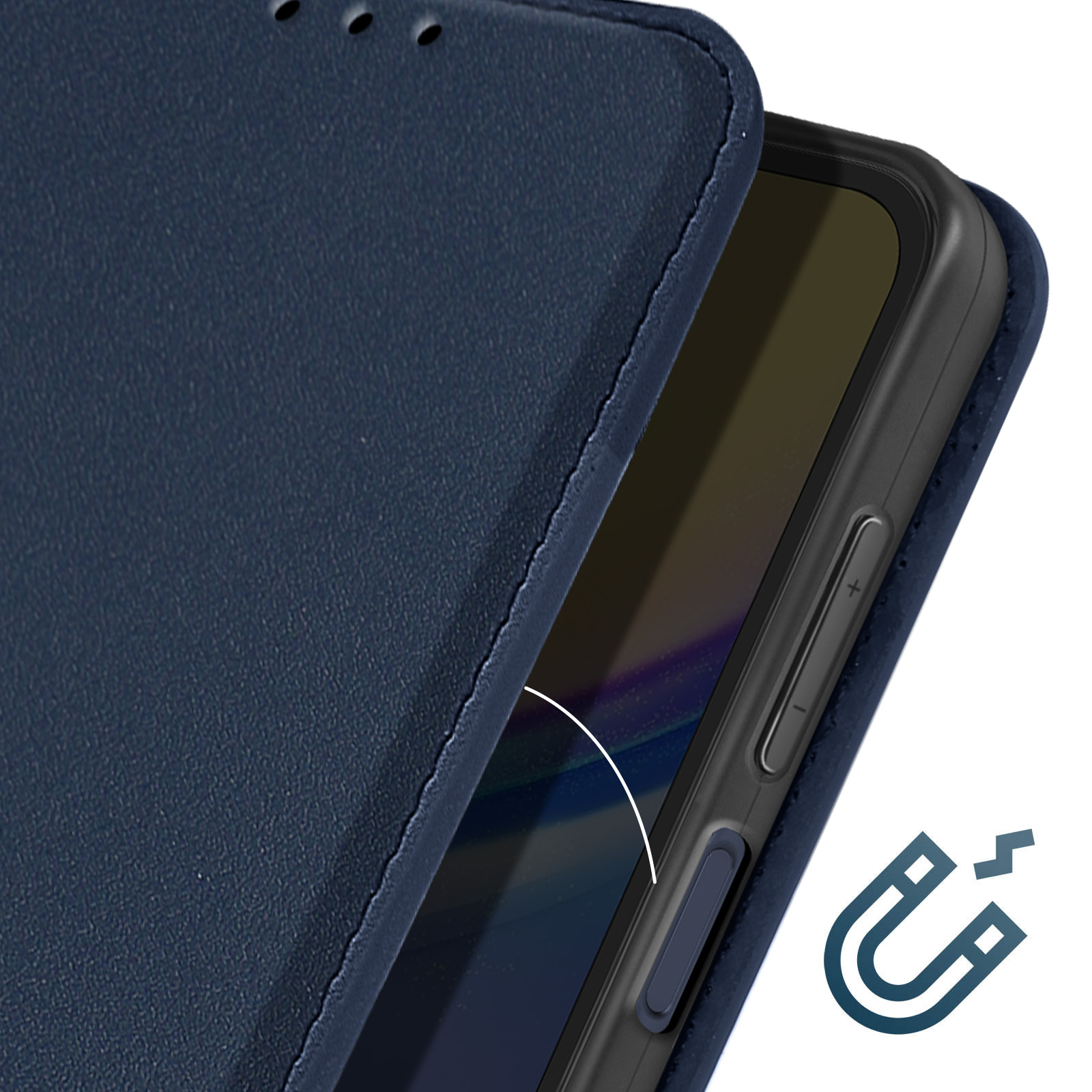 Un primo piano di una custodia blu per telefono e un telefono all'interno. È visibile un simbolo magnetico.