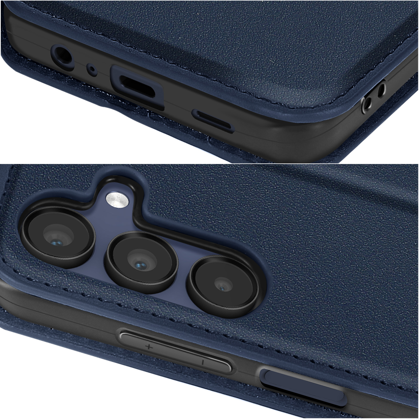 Primo piano di una custodia per telefono blu, che mostra i dettagli della fotocamera e dei pulsanti del telefono.