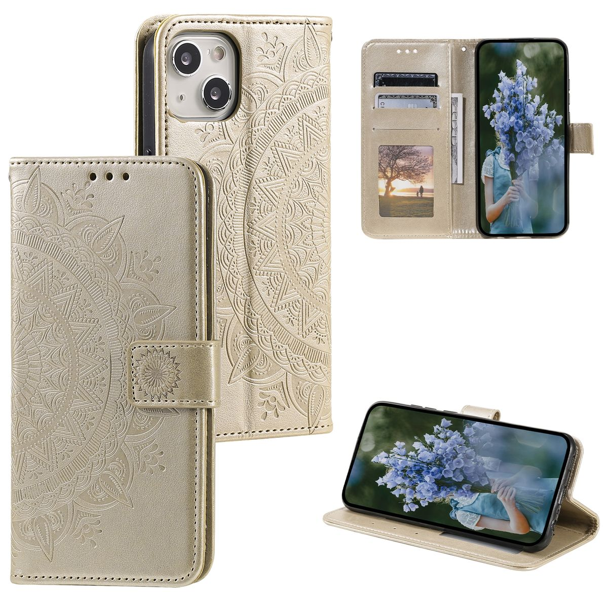 Eine Handyhülle mit floralem Muster. Merkmale: offene Hülle mit Telefon und geschlossene Hülle.