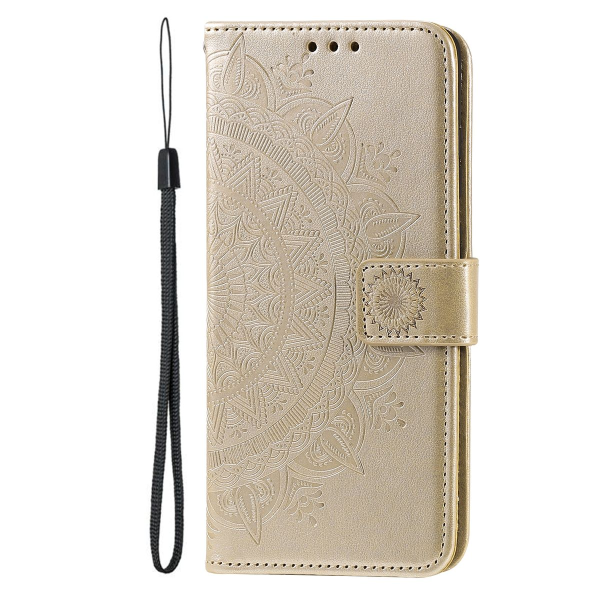 Goldene Handyhülle mit Mandala-Design und Trageriemen.