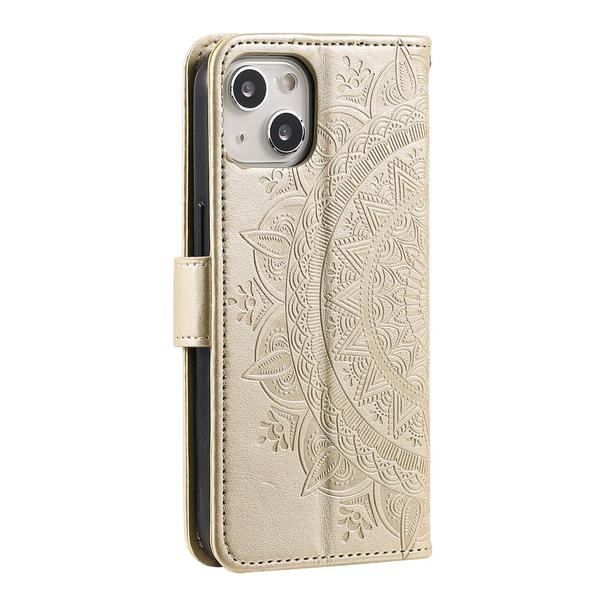 Goldenes Telefoncase mit geprägtem Mandala-Design. Geöffnet, Telefonbereich, Magnetverschluss.