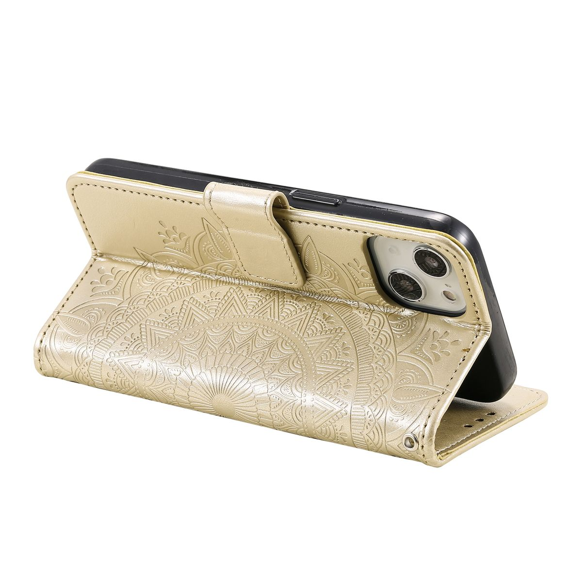 Eine goldene Handyhülle mit floralem Design, geöffnet, mit einem Telefon im Inneren.