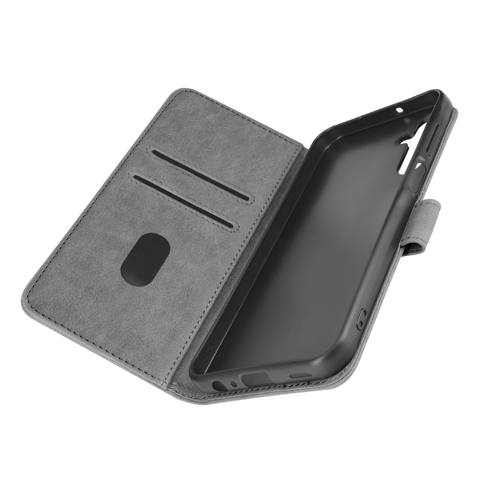 Custodia per telefono grigia aperta con fessure per carte e telefono.