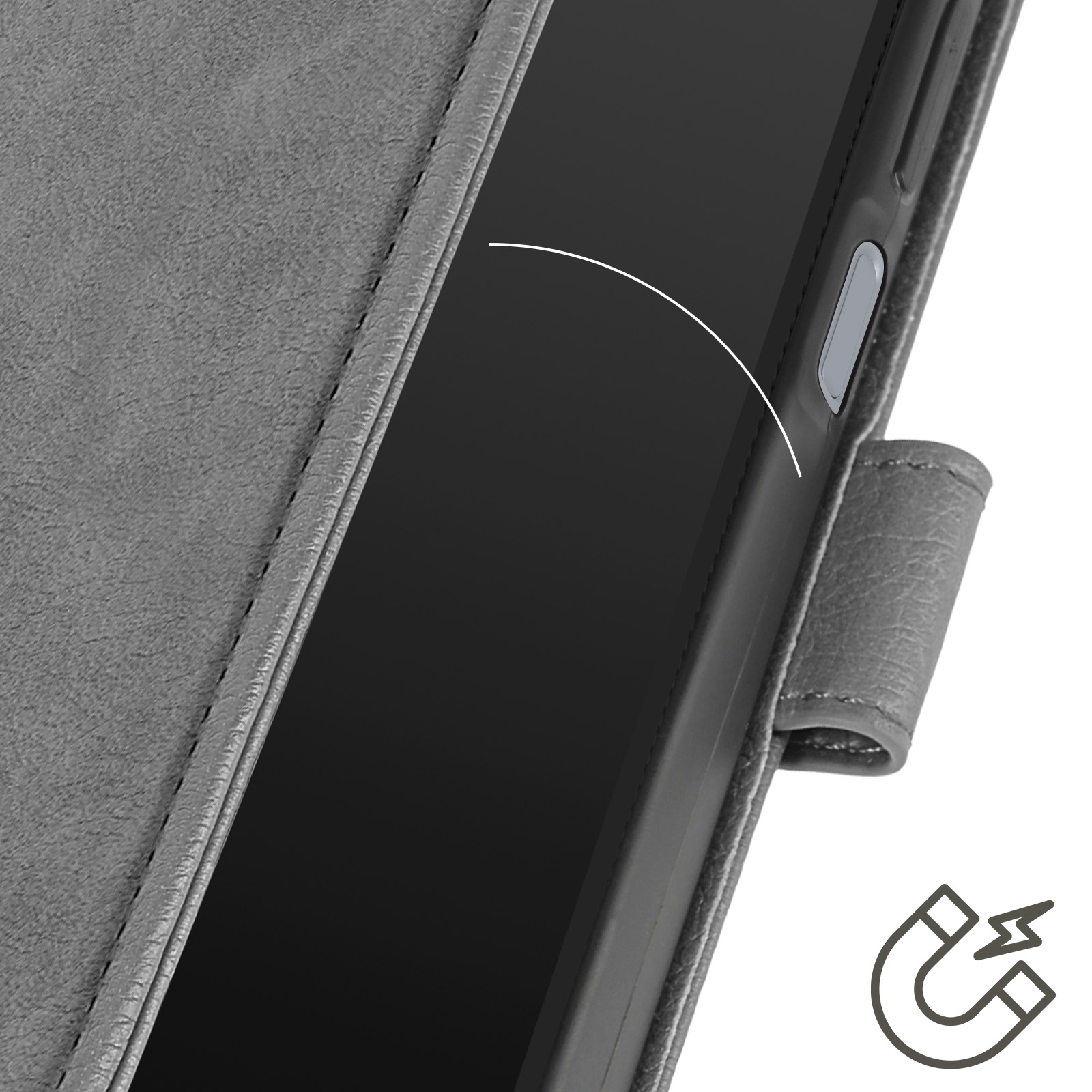 Primo piano di una custodia per telefono grigia con chiusura magnetica e un'icona a calamita.