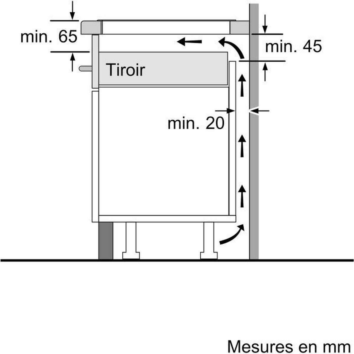 Een technische tekening met afmetingen voor de installatie van een lade.