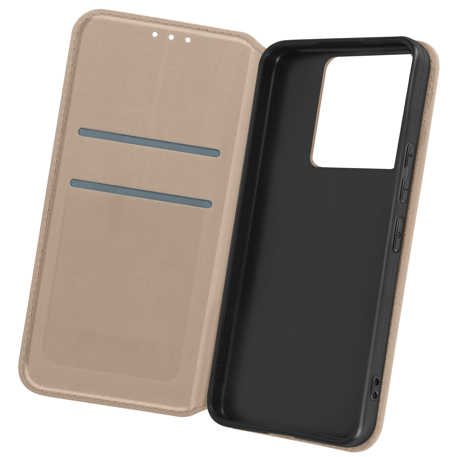 Custodia color cuoio aperta, rivela il telefono. Interno con fessure per carte e supporto nero. Esterno beige.