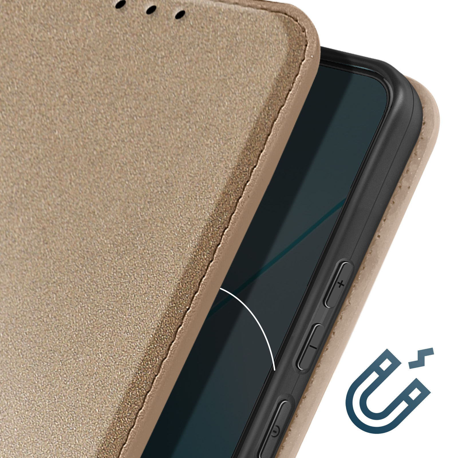 Custodia del telefono parzialmente aperta, che mostra i pulsanti laterali del telefono. È presente un simbolo magnetico.
