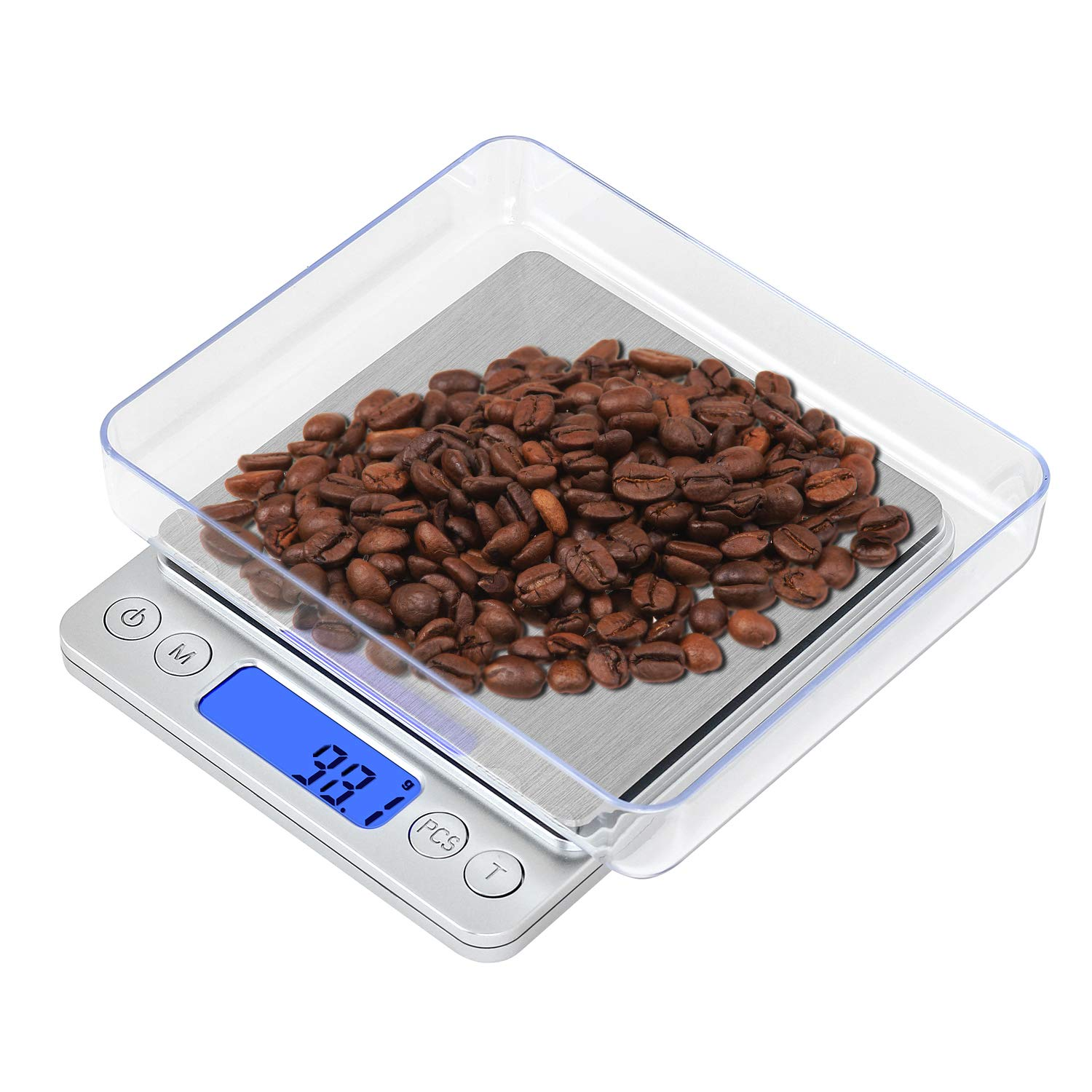 Digitale Waage mit Kaffeebohnen in einem durchsichtigen Behälter. Anzeige zeigt Gewicht: 98,7