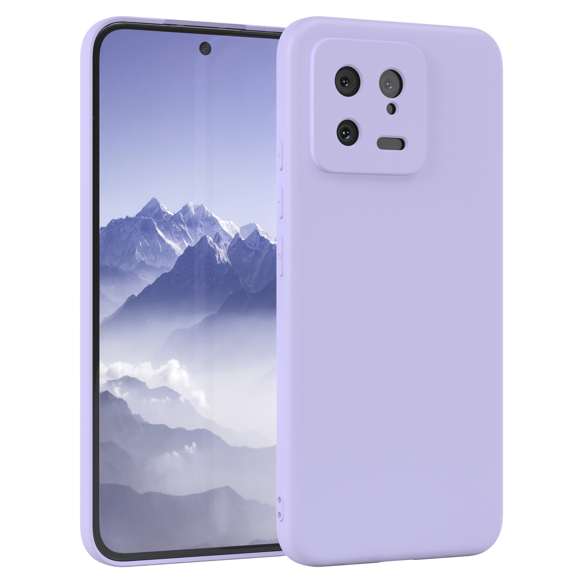 Lilafarbenes Telefon mit Hülle, zeigt Berglandschaft auf dem Bildschirm.