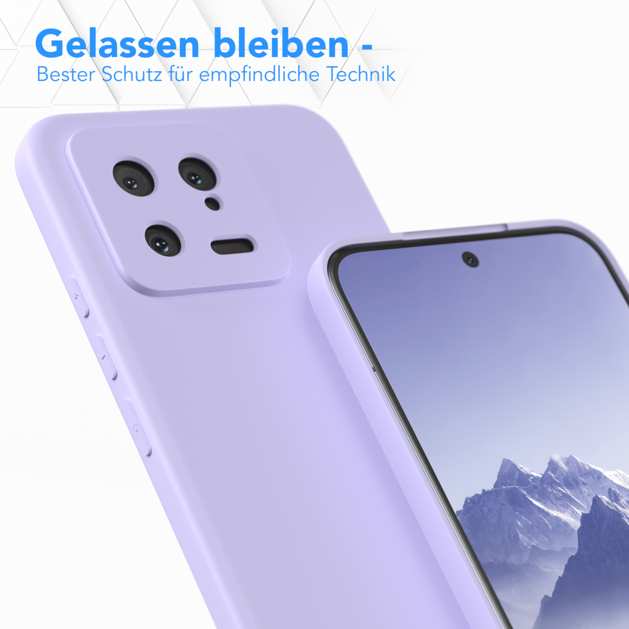 Zwei lila Handyhüllen, eine auf dem Handy, die andere daneben. Telefon zeigt eine Berglandschaft.