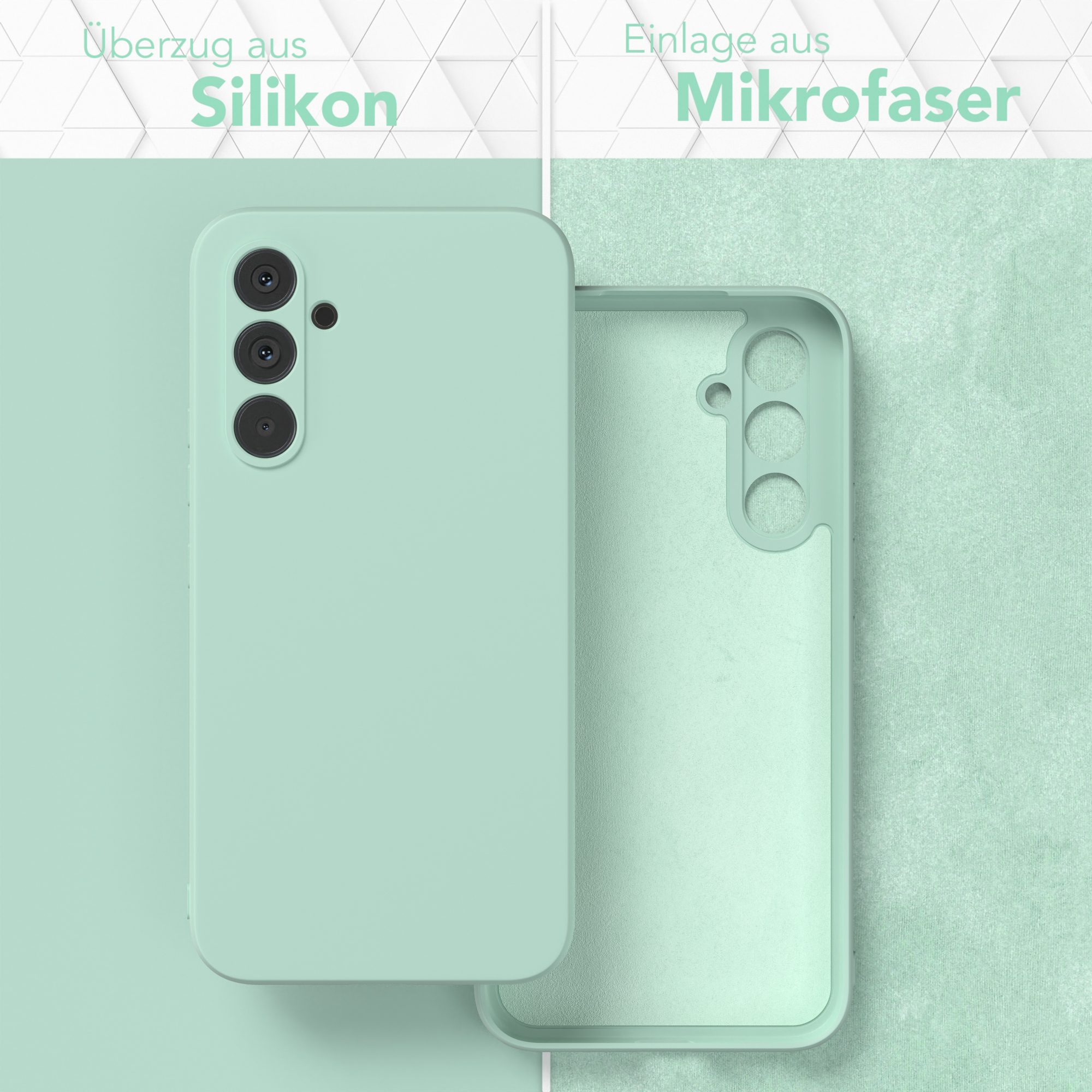Eine Handyhülle, vertikal geteilt. Linke Seite mintgrünes Silikon, rechts offen, mit Mikrofaser-Innenseite.