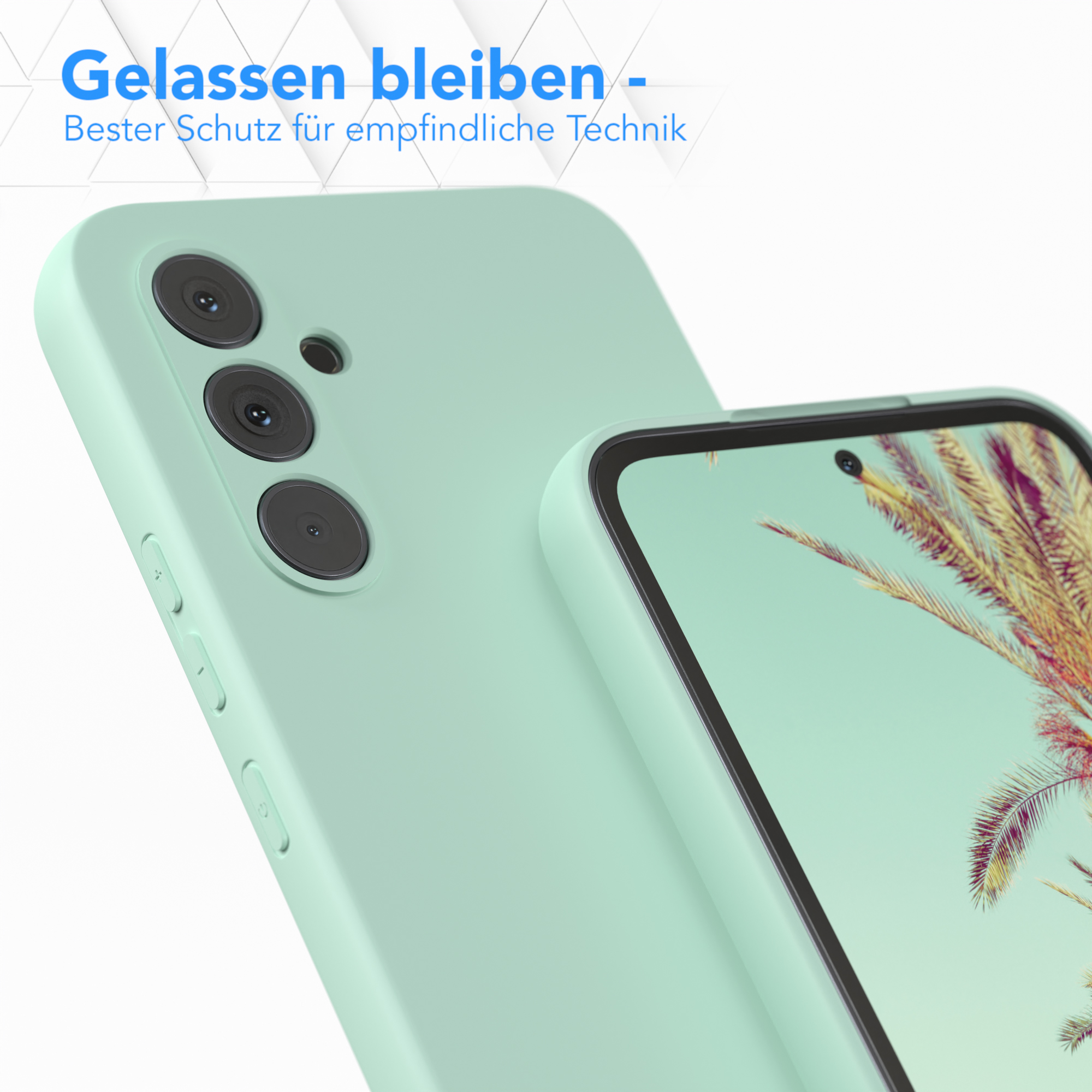 Minzgrüne Handyhülle mit Smartphone und zwei Kameralinsen.