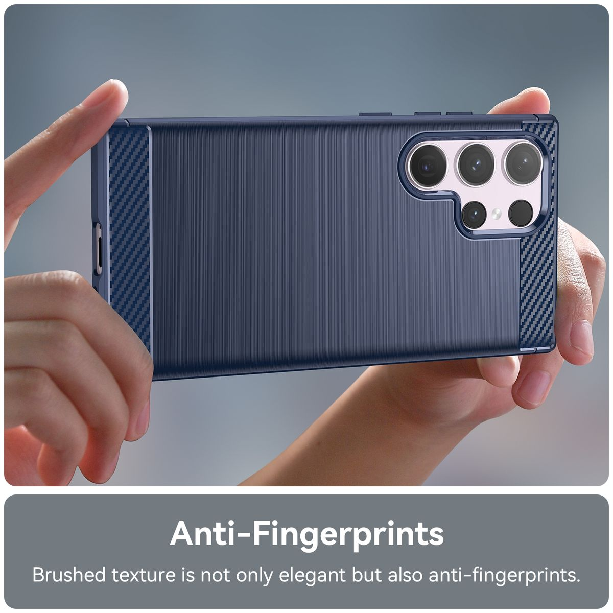 Blaue Handyhülle mit strukturierter Rückseite. Text: Anti-Fingerabdrücke. Hand hält sie.