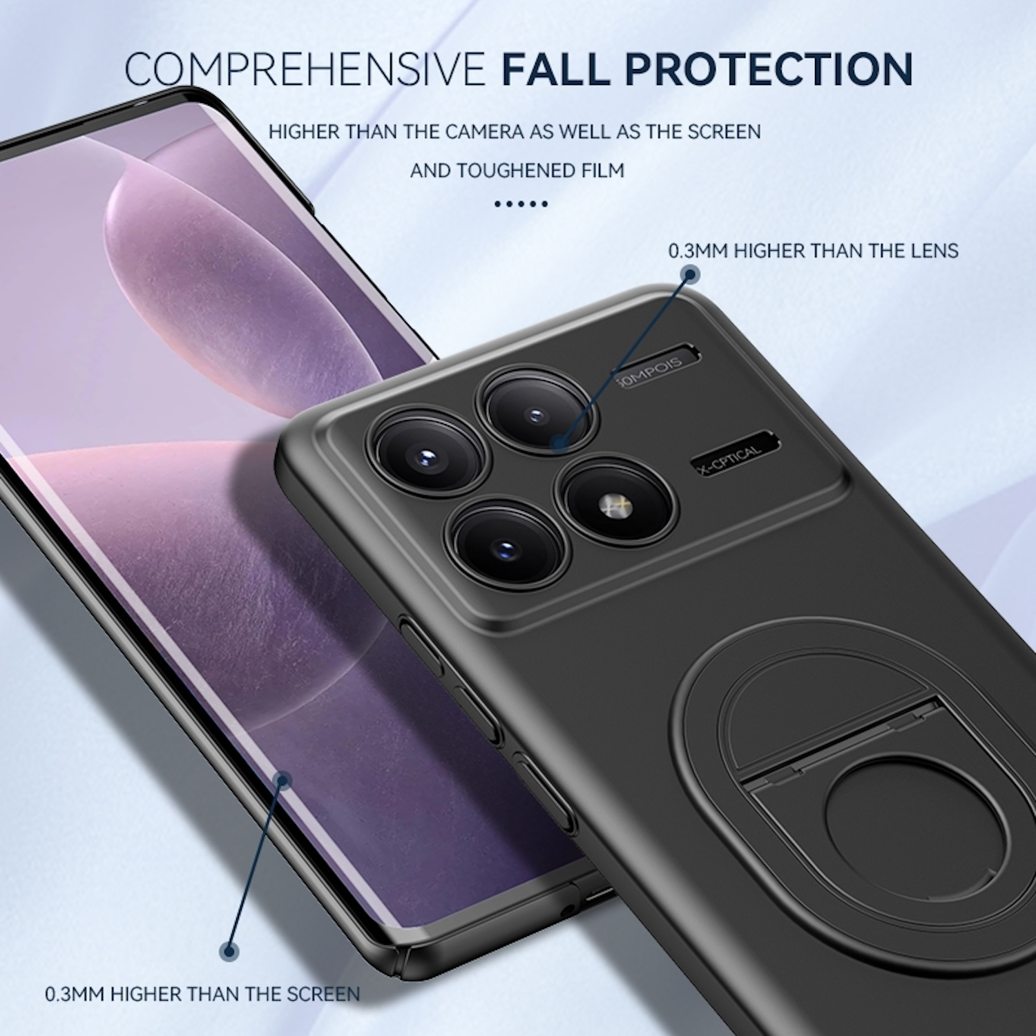 Schwarzes Telefon in einer schwarzen Hülle. Hülle schützt Kamera und Bildschirm. Schwarz mit Ständer.