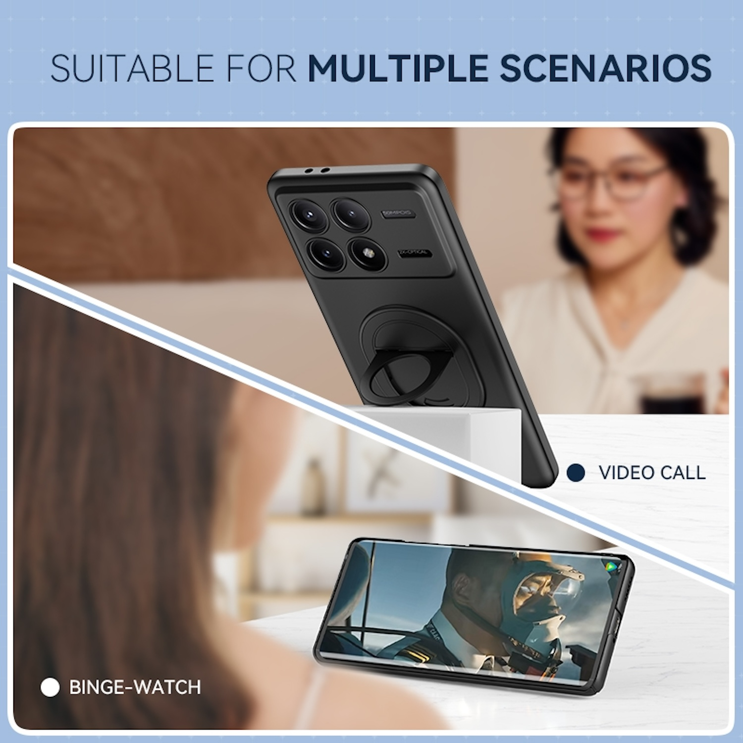 Schwarzes Telefon mit Hülle, verwendet für Videoanrufe und Binge-Watching-Szenen.