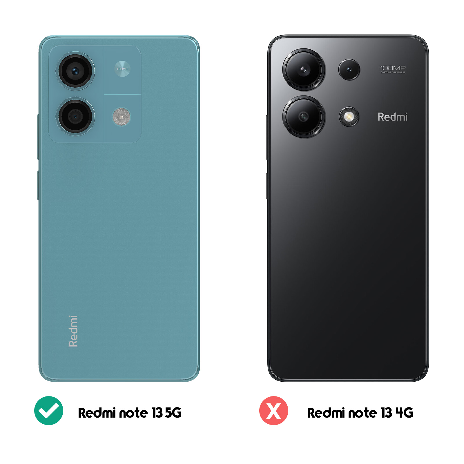 Due telefoni: Redmi Note 13 5G verde acqua e Redmi Note 13 4G nero. Spunta sul verde.
