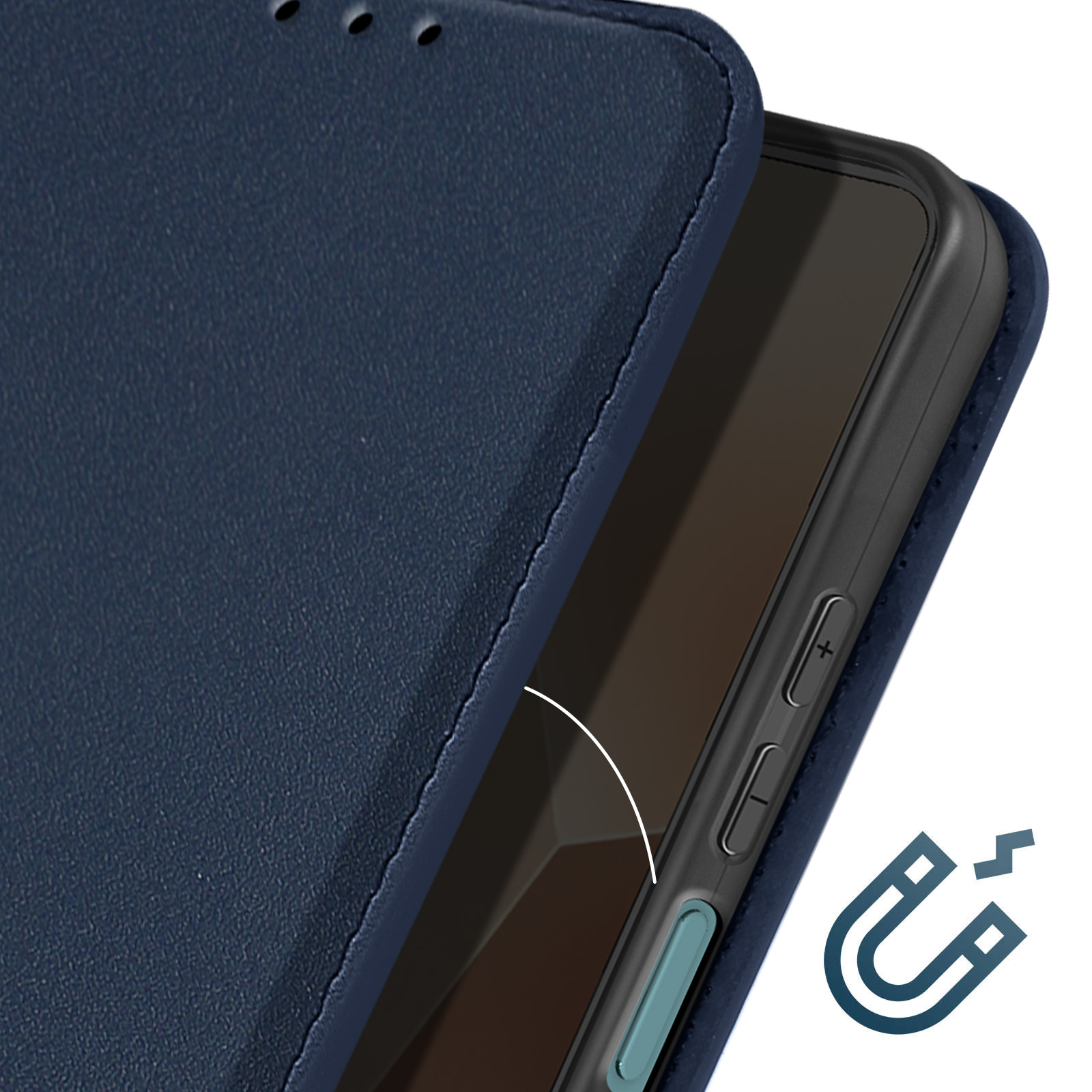 Un telefono parzialmente all'interno di una custodia blu scuro. La custodia mostra i pulsanti del volume e un simbolo magnetico.