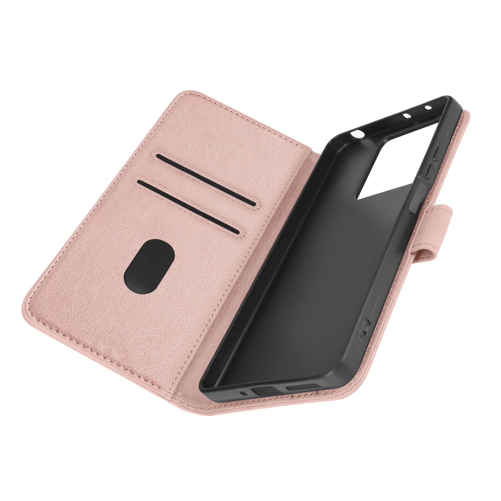 Custodia per telefono a portafoglio in pelle rosa, aperta. Mostra il supporto per telefono e gli slot per carte.