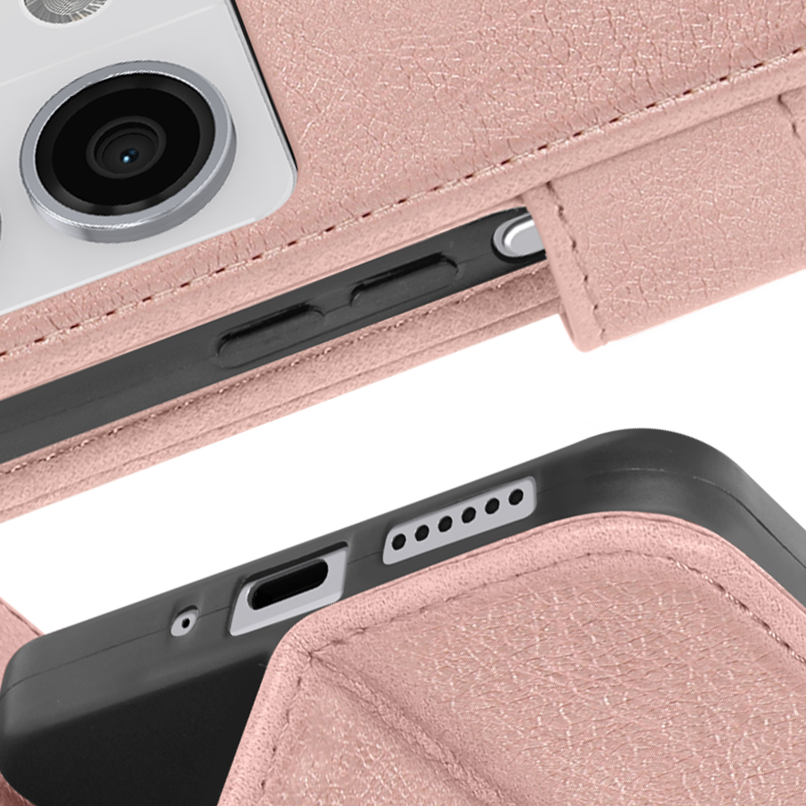Una vista ravvicinata di una custodia rosa con il telefono visibile.