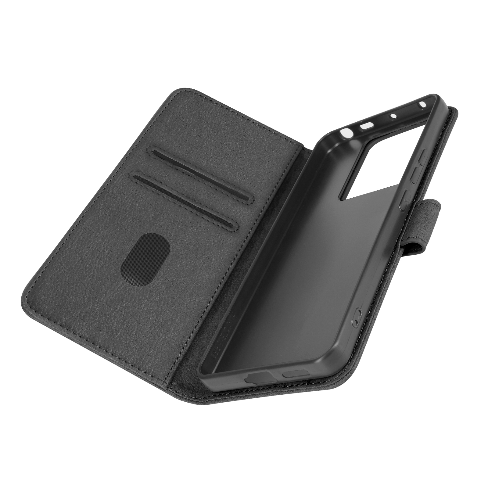 Custodia per telefono nera aperta, con fessure per carte.