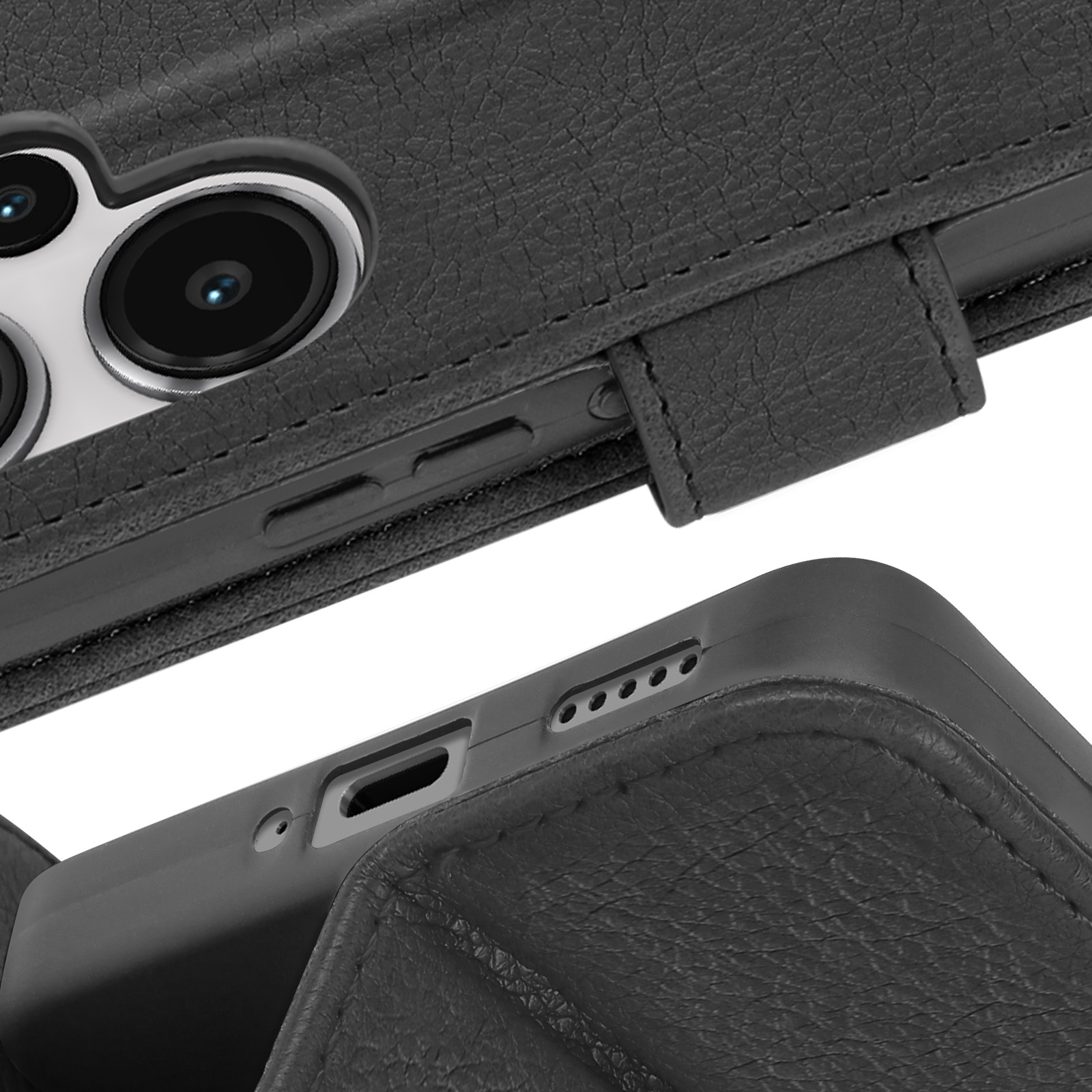 Un primo piano di una custodia per telefono nera, che mostra il lato con pulsanti, porte e texture in pelle.