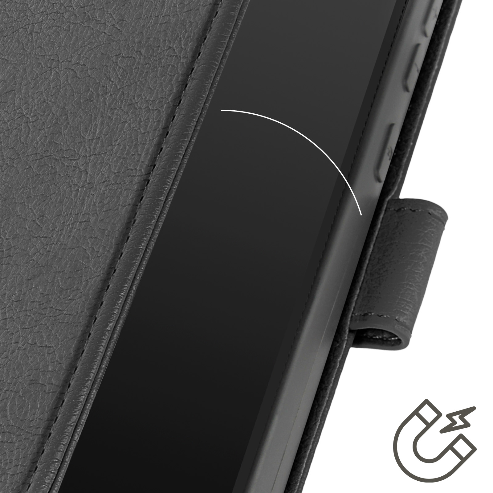 Custodia nera per telefono con striscia magnetica. La custodia è aperta. Viene visualizzata un'icona a calamita.