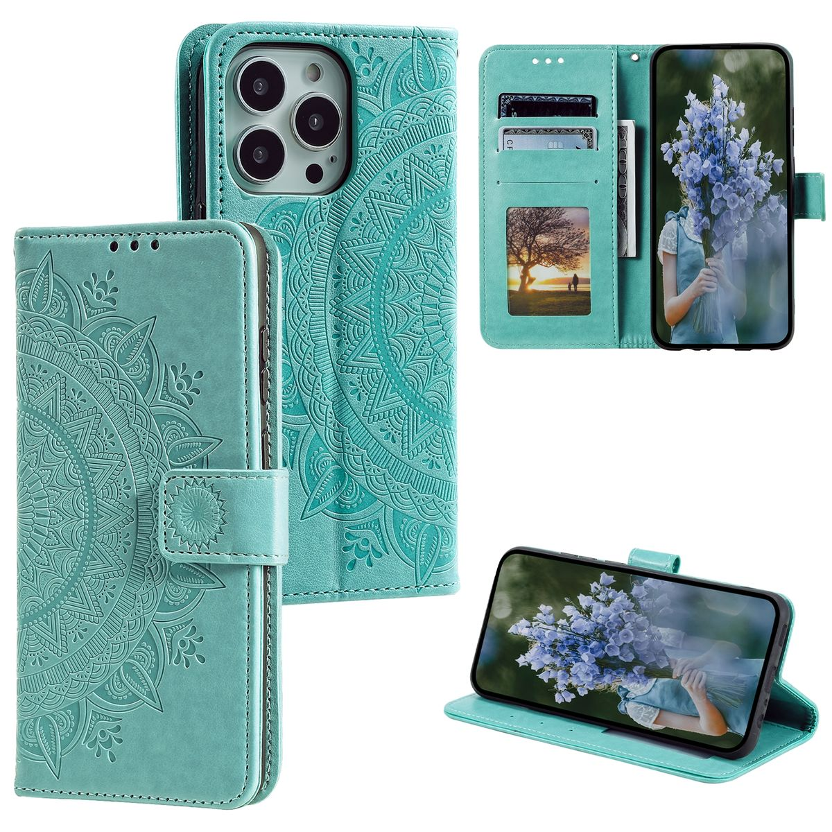 Eine türkisgrüne Handyhülle mit floralem Muster, geöffnet, um das Telefon und Karten zu zeigen, auf weißem Hintergrund.