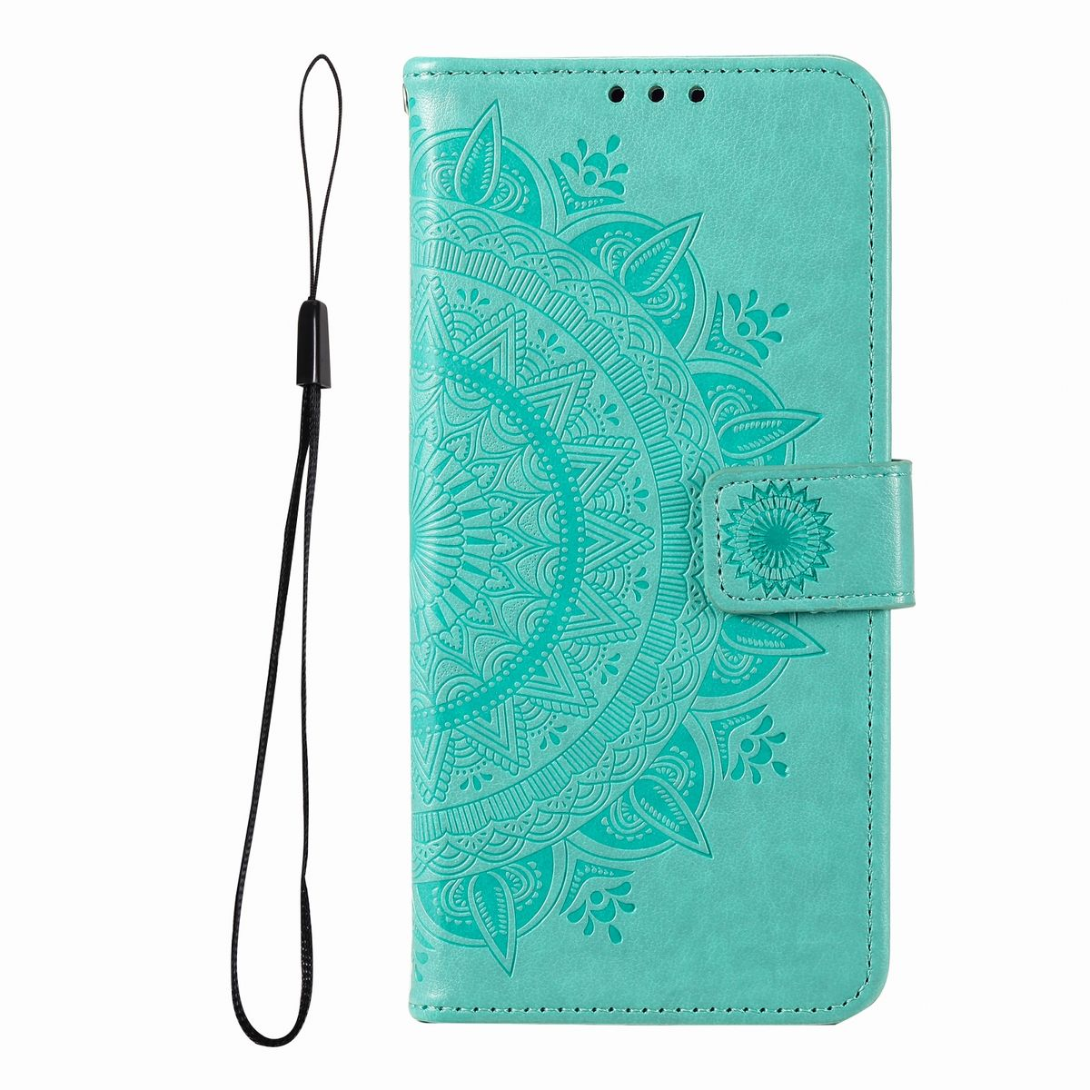 Eine türkisfarbene Handyhülle mit Mandala-Design, einem Riemen und einem Magnetverschluss. Das Design ist geprägt.