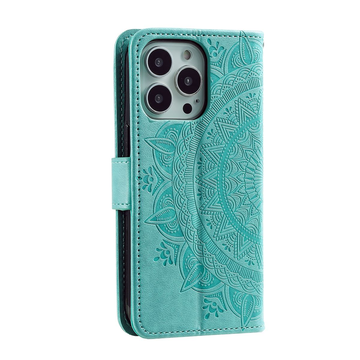 Türkisfarbenes Handycase mit Mandala-Design, geöffnet, um das Innere des Telefons zu zeigen.
