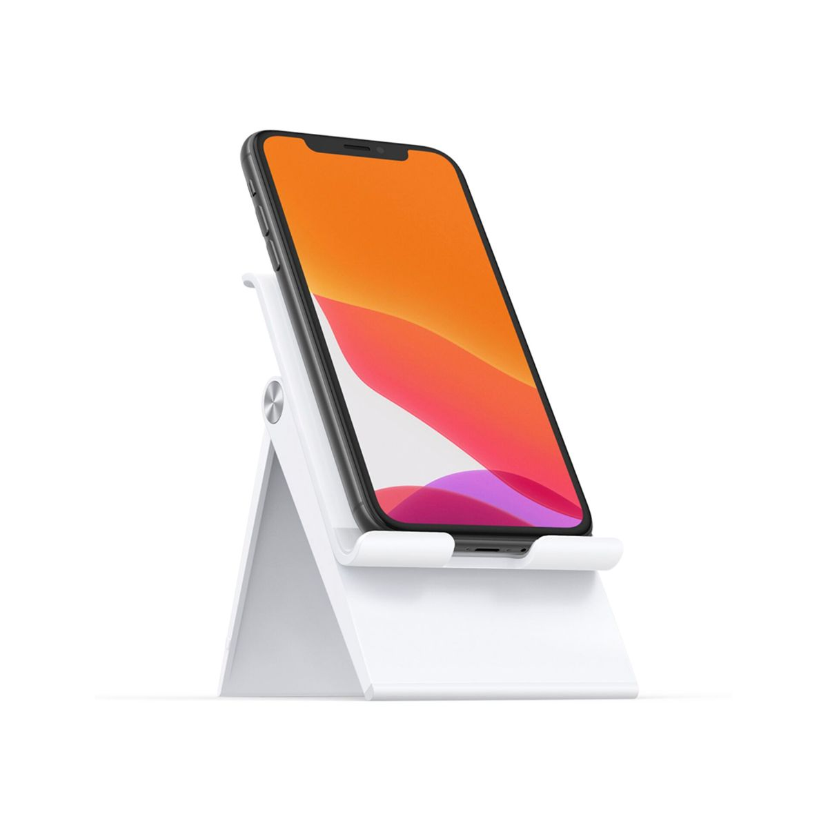 Ein weißer Telefonständer mit einem Telefon, das ein orangefarbenes und lila Hintergrundbild zeigt.