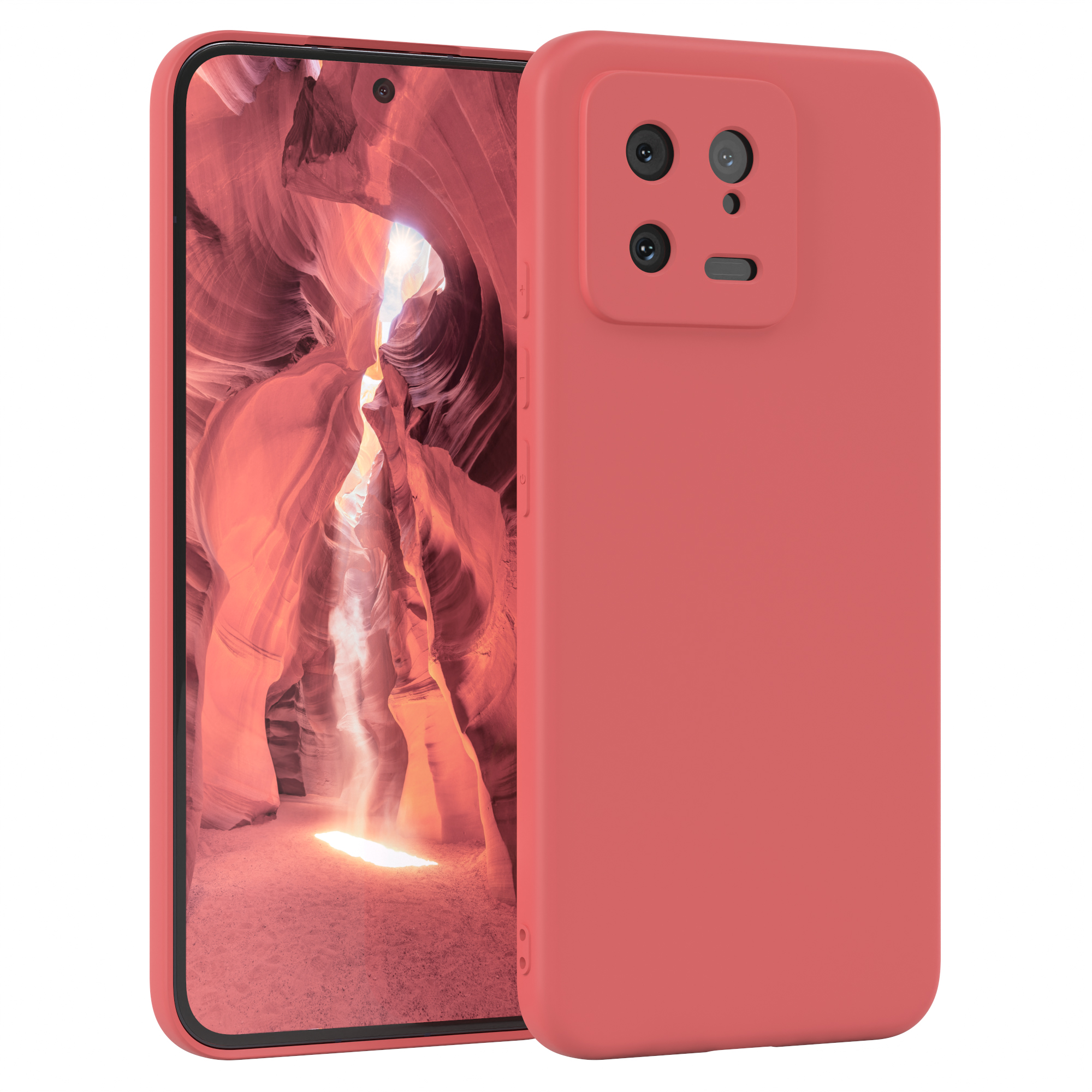 Rotes Telefon mit zwei Kameras auf der Rückseite. Das Telefon befindet sich in einer roten Hülle.