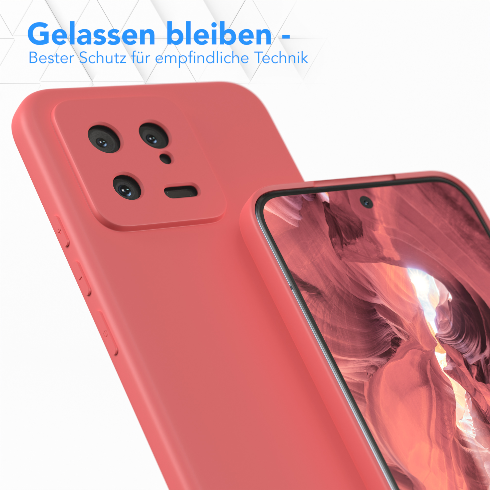 Zwei korallenfarbene Telefone, eines mit Hülle, Nahaufnahme, auf weißem Hintergrund. Text auf Deutsch.