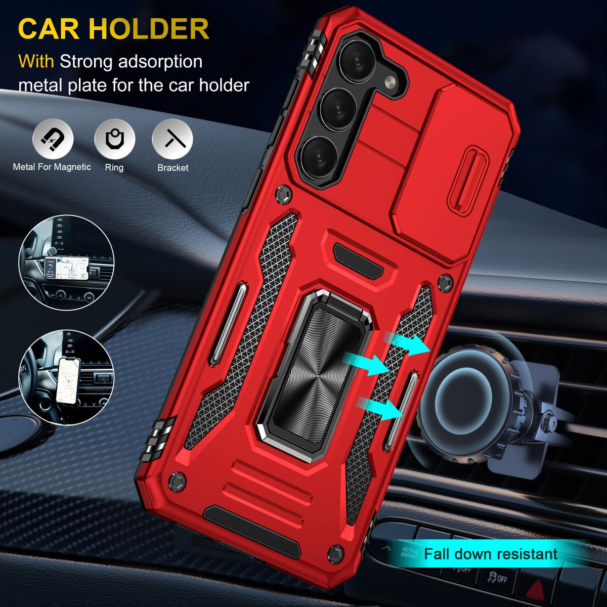 Rote Handyhülle mit Magnetringhalterung, im Auto. Pfeile zeigen die Verwendung des Telefonhalters.
