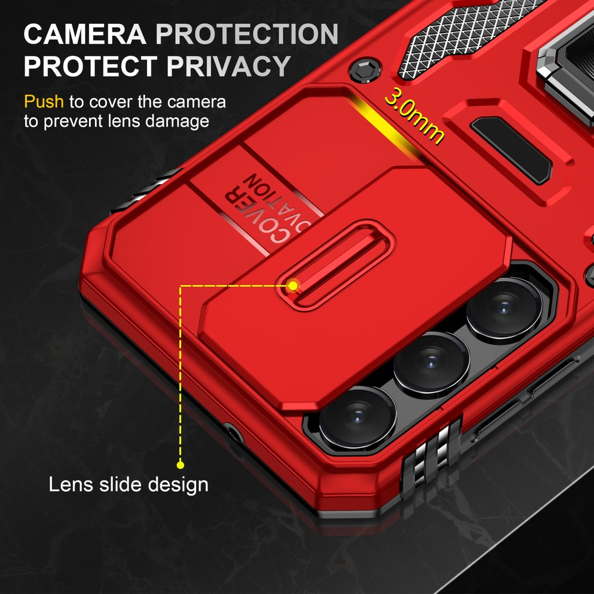 Rote Handyhülle mit Kameraschutz. Text: 'Camera Protection Protect Privacy'.