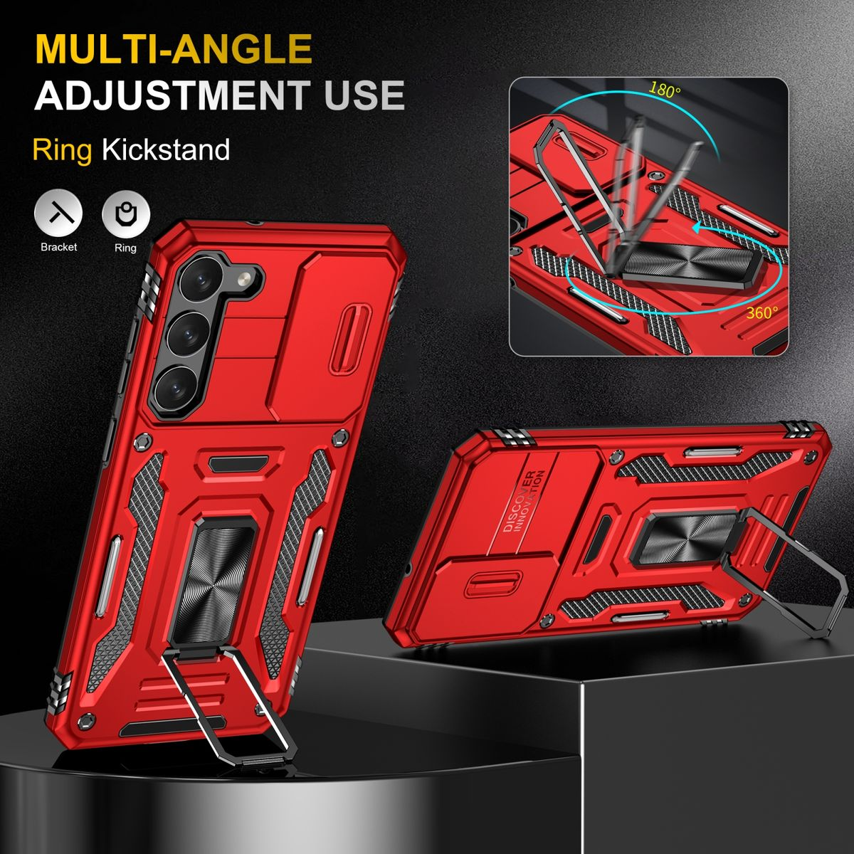 Rote Handyhülle mit Ring-Kickstand, in verschiedenen Winkeln für die Verwendung.