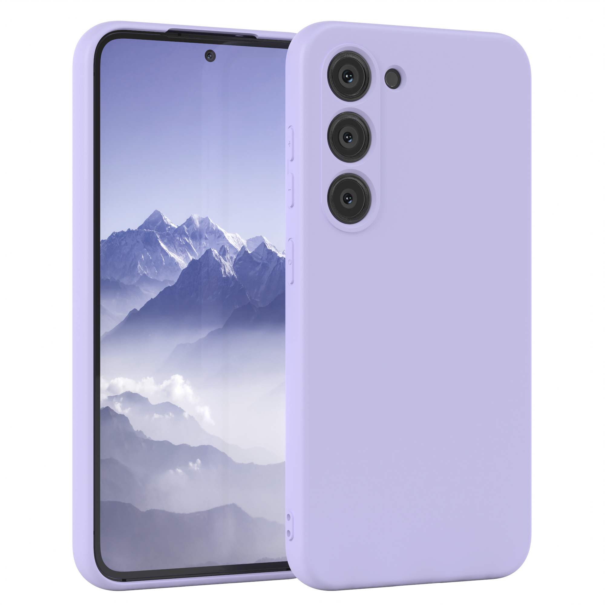 Lila-Telefon und lila Hülle. Das Telefon befindet sich links und die Hülle rechts auf weißem Hintergrund.